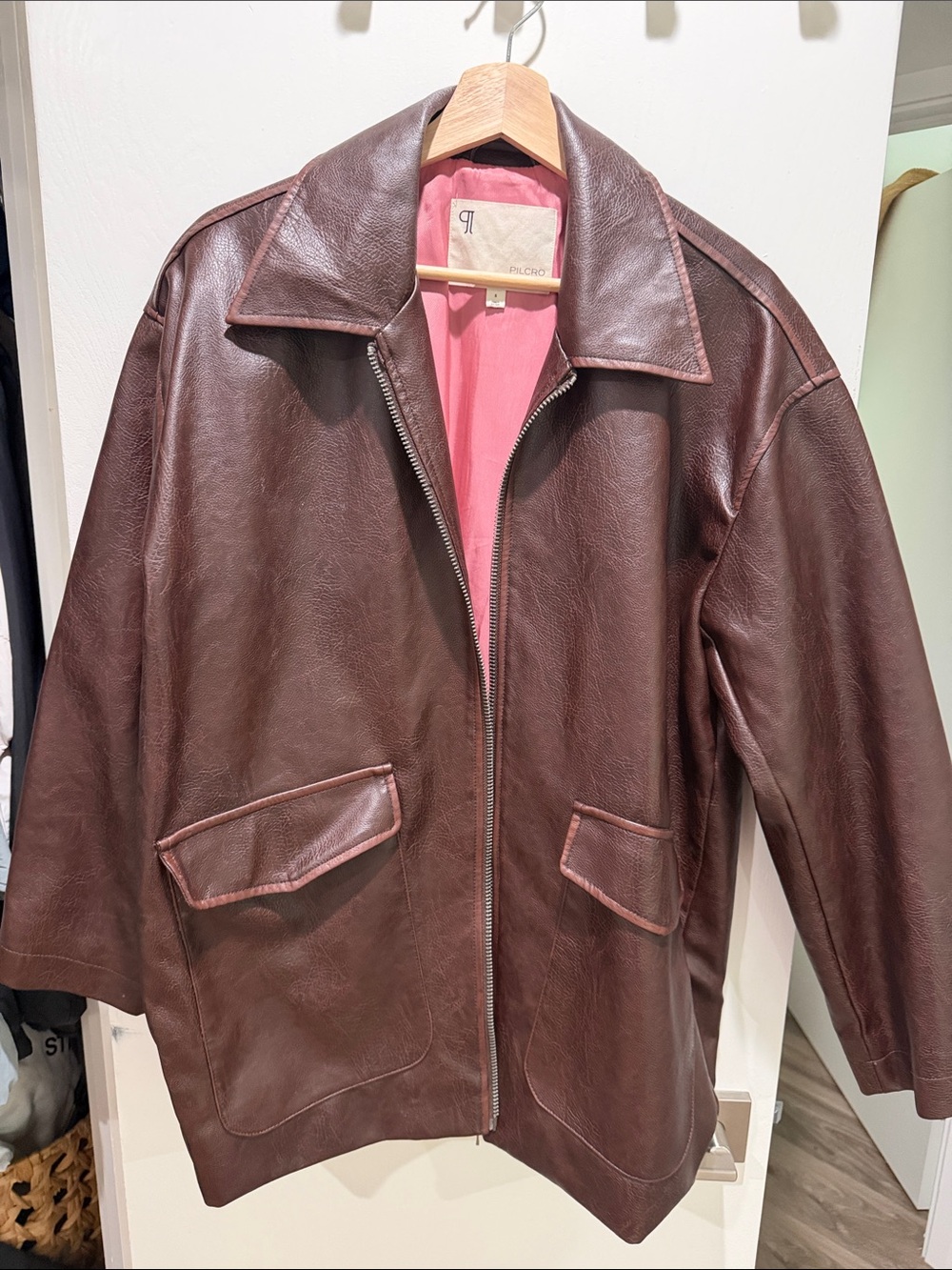 Anthropologie Brown Leather Bomber Jacket with Pink Lining